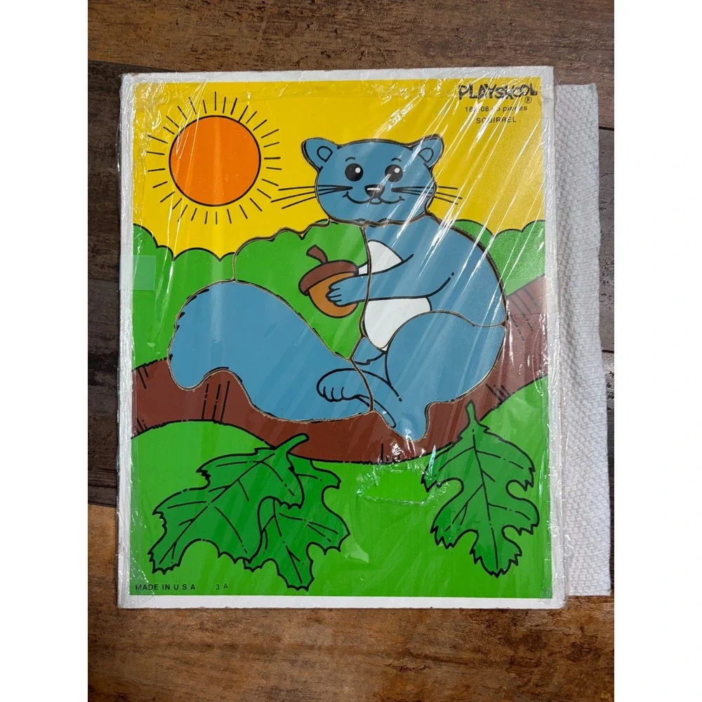 Vintage Playskool Wood Inset Puzzle Squirrel 186-08 5 Pieces Made in‎ USA